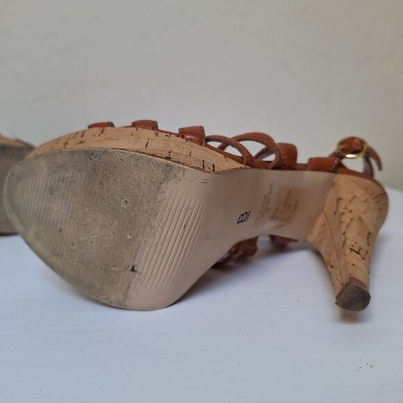 Y2K Bakers platform sandals strappy tan cognac leather cork caged chunky heels - Picture 11 of 12
